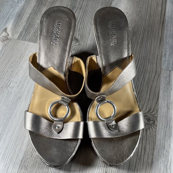 Michael Kors Marin Slide MC Gold Bronze 3.5” Wedge Sandal Silver Ring US 9 - Picture 11 of 16
